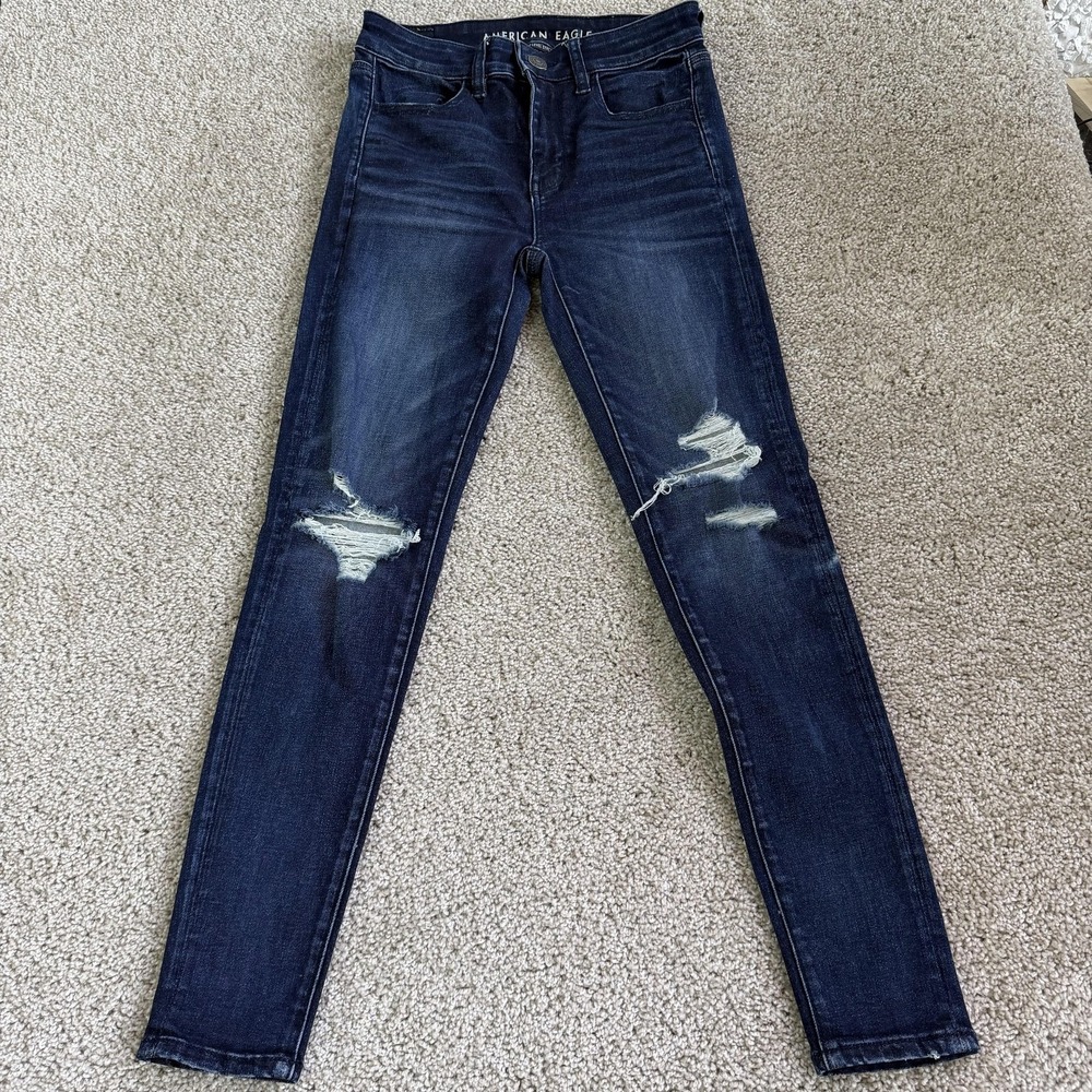 American Eagle Outfitters High Skinny Jeans Womens 2 Dark Wash Distressed Denim